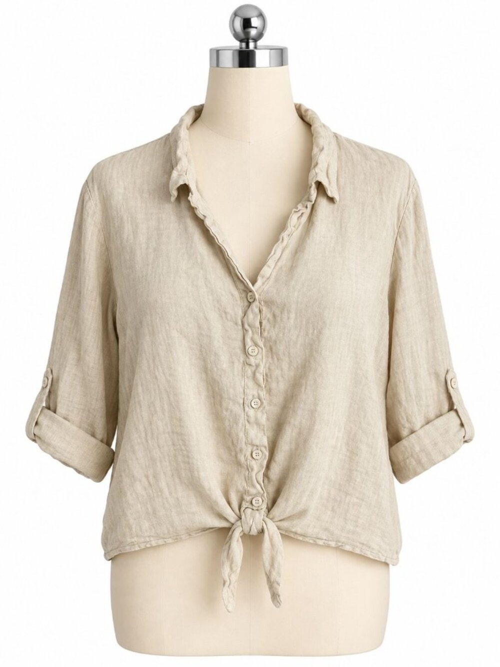Cloth & Stone 100% Linen Tie Front Shirt Medium Beige Roll Tab Button Down